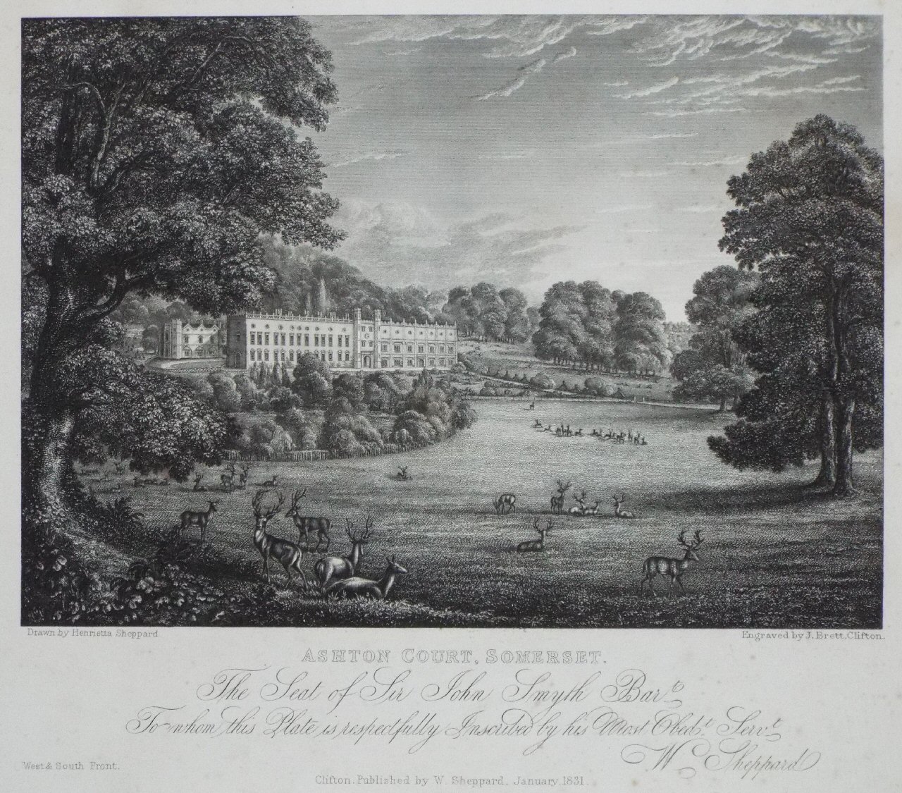 Print - Ashton Court, Somerset. The Seat of Sir John Smyth Bart. To Whom this Plate is Respectfully Inscribed by his Most Obt. Servt. W. Sheppard. - Brett
